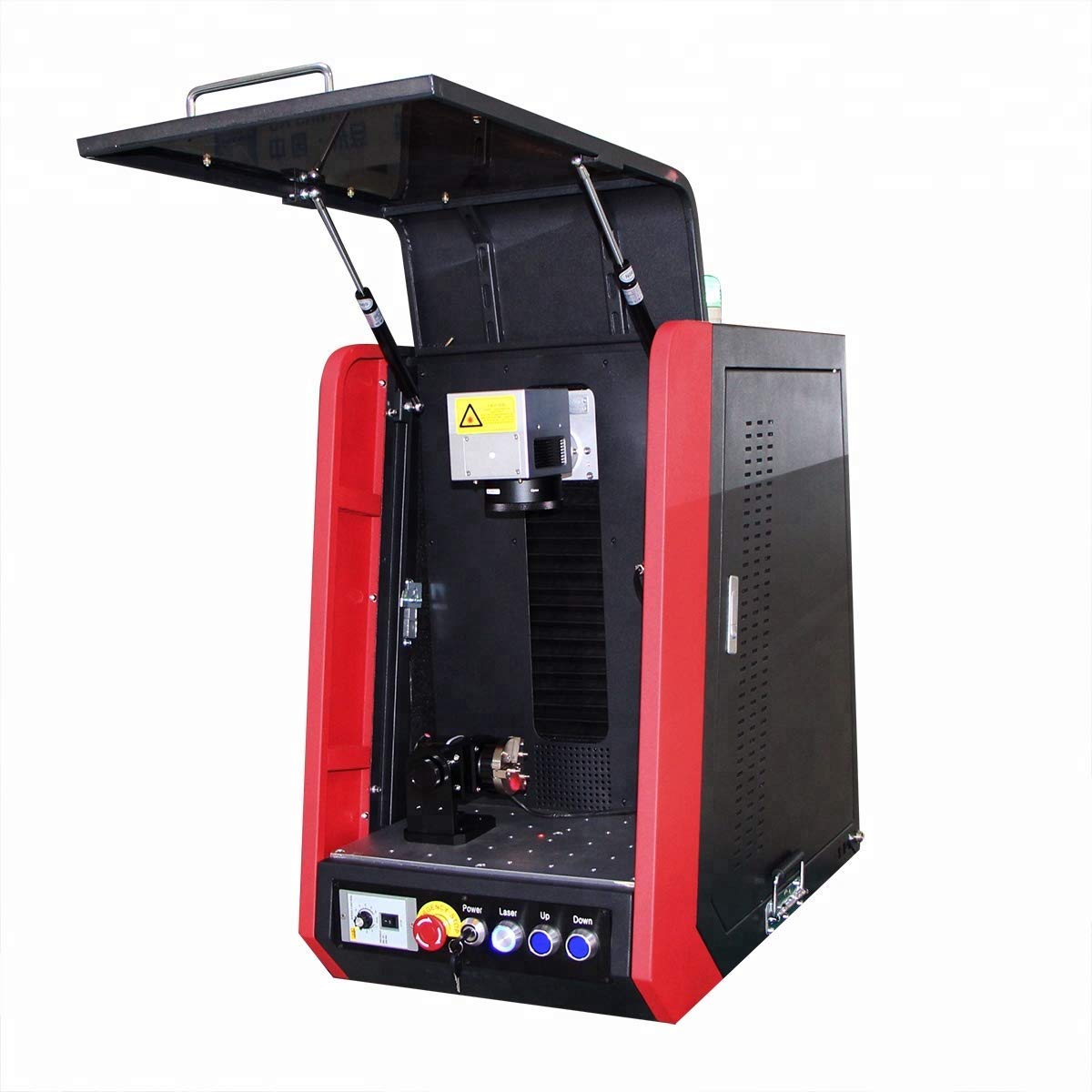 MONOR krytovaný Fiber laser 50 W – otevřené víko a pohled na uzavřenou pracovní komoru