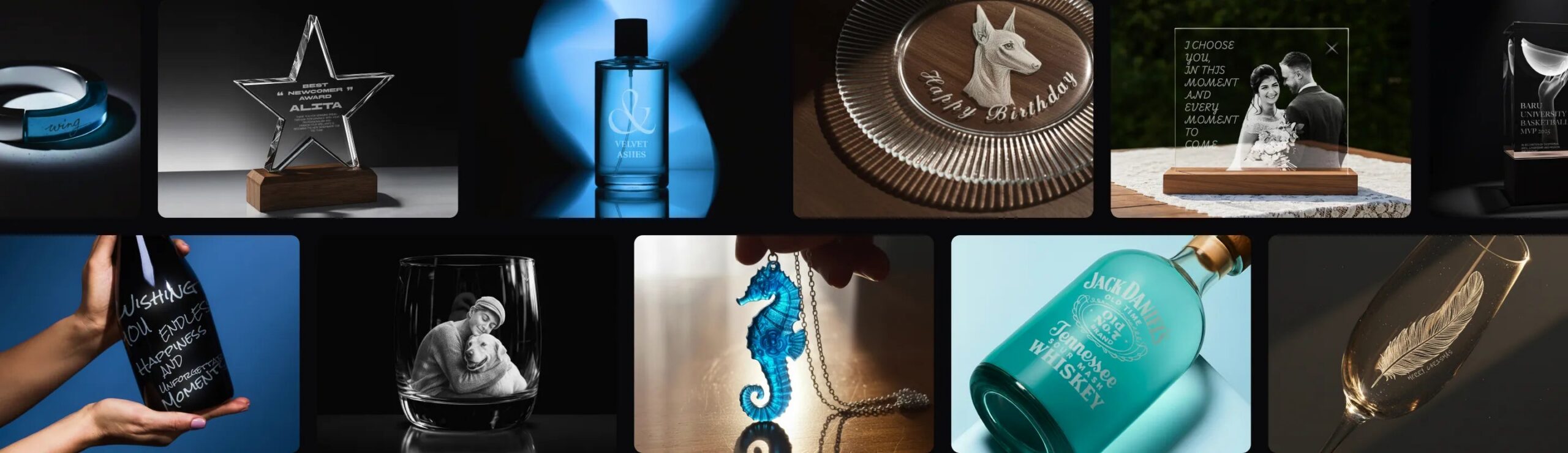 xTool F2 Ultra UV – príklady gravírovania na skle, plastoch a ďalších materiáloch