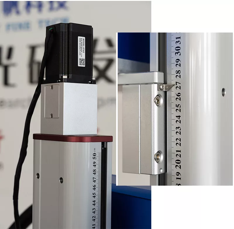 MONOR Fiber laser MOPA 80 W 2.5D – motorická Z os, motorický pohon výšky galvo hlavy